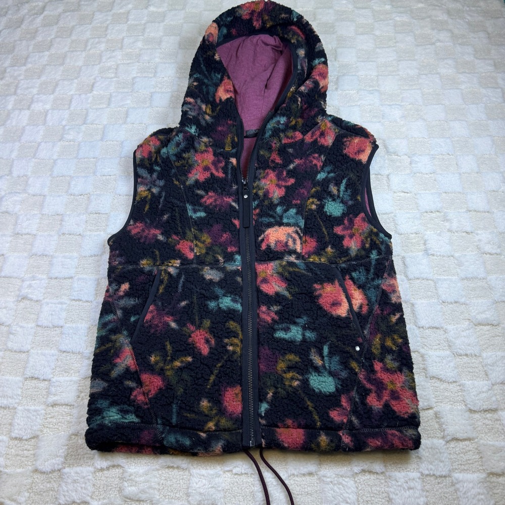 Prana Womens XS Floral Sherpa Fleece Hooded Vest Black Multi Color Full Zip